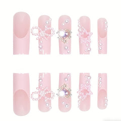 24 PCS Bowbowknot Nail Art, Long Length Long Water Pipe Fake Nails,Square Head Nail Tips False Nail