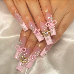 24 PCS Bowbowknot Nail Art, Long Length Long Water Pipe Fake Nails,Square Head Nail Tips False Nail