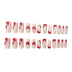 24 PCS Red And White Heart Nail Art, Long Length Long Water Pipe Fake Nails,Square Head Nail Tips False Nail